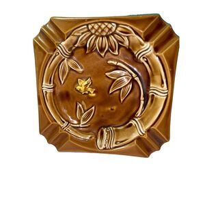 Vintage Ceramic Ashtray‎  Made in Japan Has Bird Bamboo Sunflower Design Brown